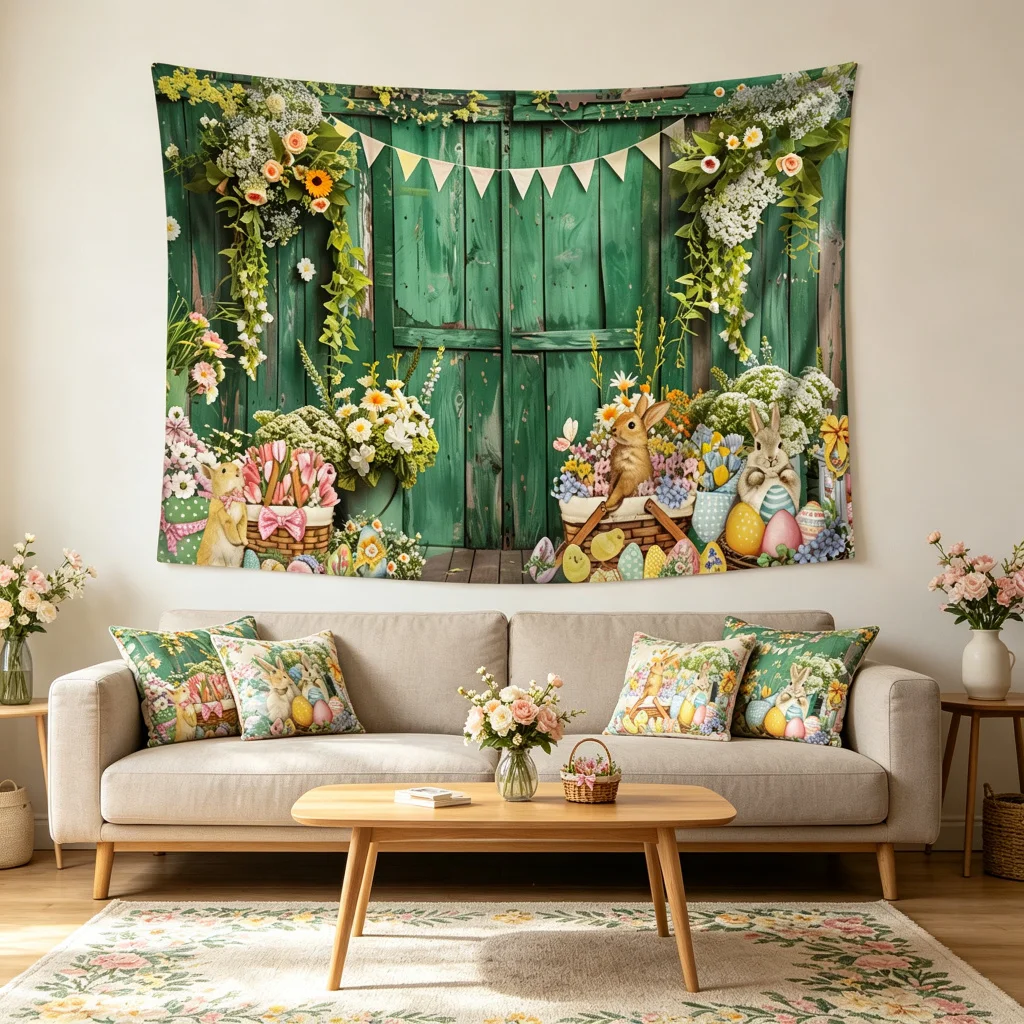 1PC Easter Green Door Floral Bunny Print Backdrop Banner, Bedroom Living Room Photo Background, Polyester, Home Decor, Wall Art