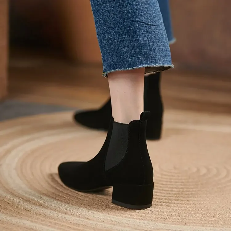 Retro Faux Suede Chelsea Women\'s Boots Pointy Toe Square Block High Heel Short Ankle Boot Woman Dress Office Shoes Size