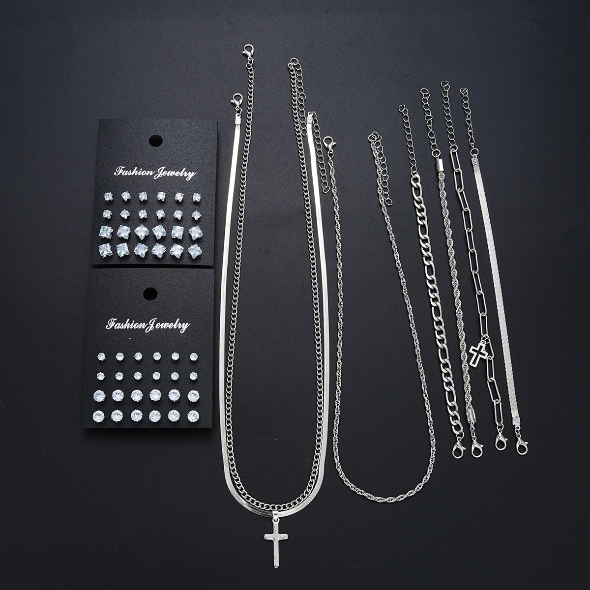 Silver Color Simple Jewelry Set，Include Cross Pendant Necklace Zircon Earring Sets Bracelets For Women Men Daily Wear