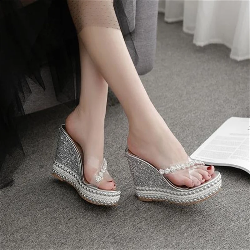 11cm Luxury Women Slippers Rhinestone Platform Wedges Heel Rivet Peep Toe SummerFashion Slides Casual Ladies sandal 34 39