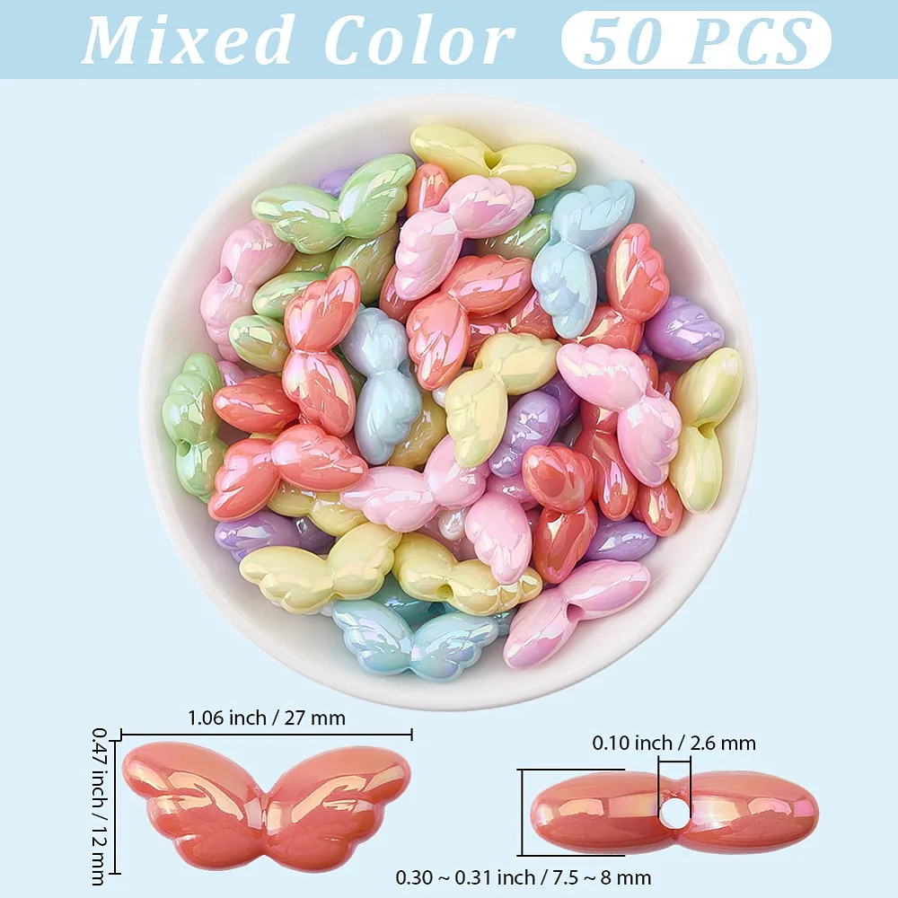 

50Pcs Opaque Acrylic Beads Iridescent Wing Mixed Color 12x27x7.5~8mm Hole: 2.6mm