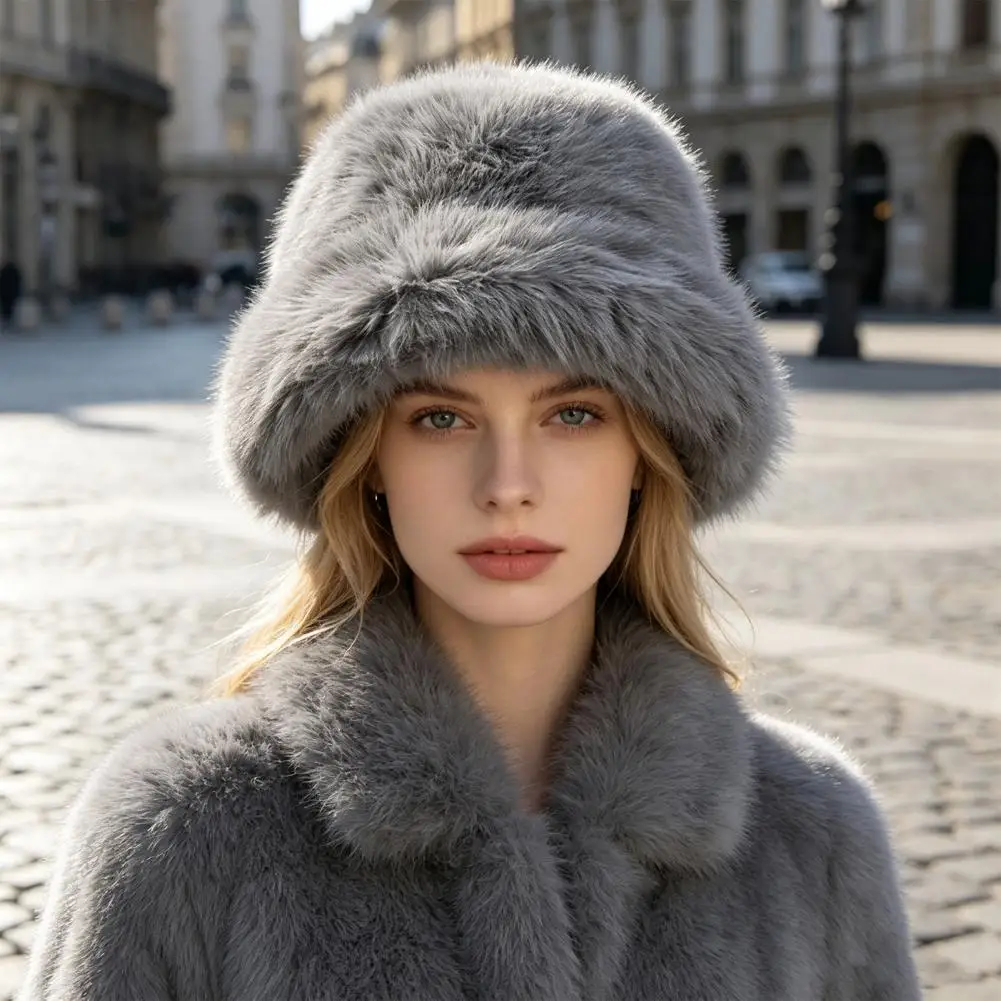 Faux Fur Bucket Hat for Women,Faux Fur Bucket Cap Soft Fluffy Plush Winter Hat for Cold Weather Ear Protection