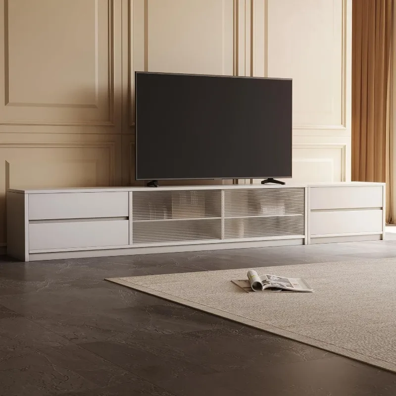 アクリル扉と4つの引き出し付きモダンTVスタンド、90インチテレビ用エンターテイメントセンター、Li用スタイリッシュで機能的なメディアコンソール