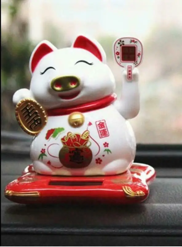 kids toys Solar Powered Welcoming Lucky Beckoning Fortune Pig Car Home Decoration White