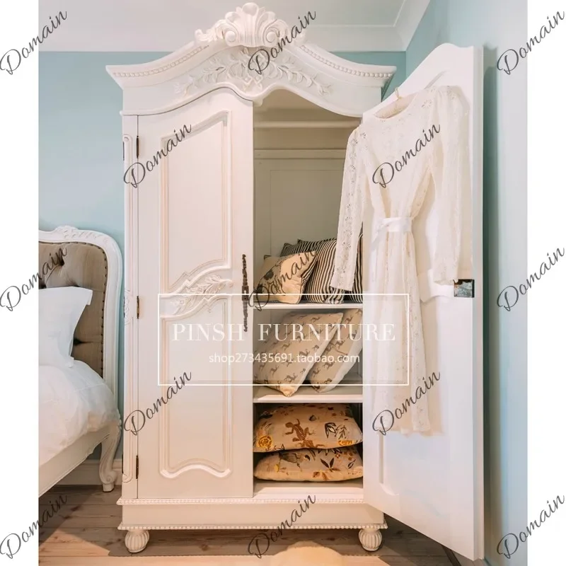 41 N French neoclassical solid wood wardrobe American retro carved old double door wardrobe bedroom children's white storage cab