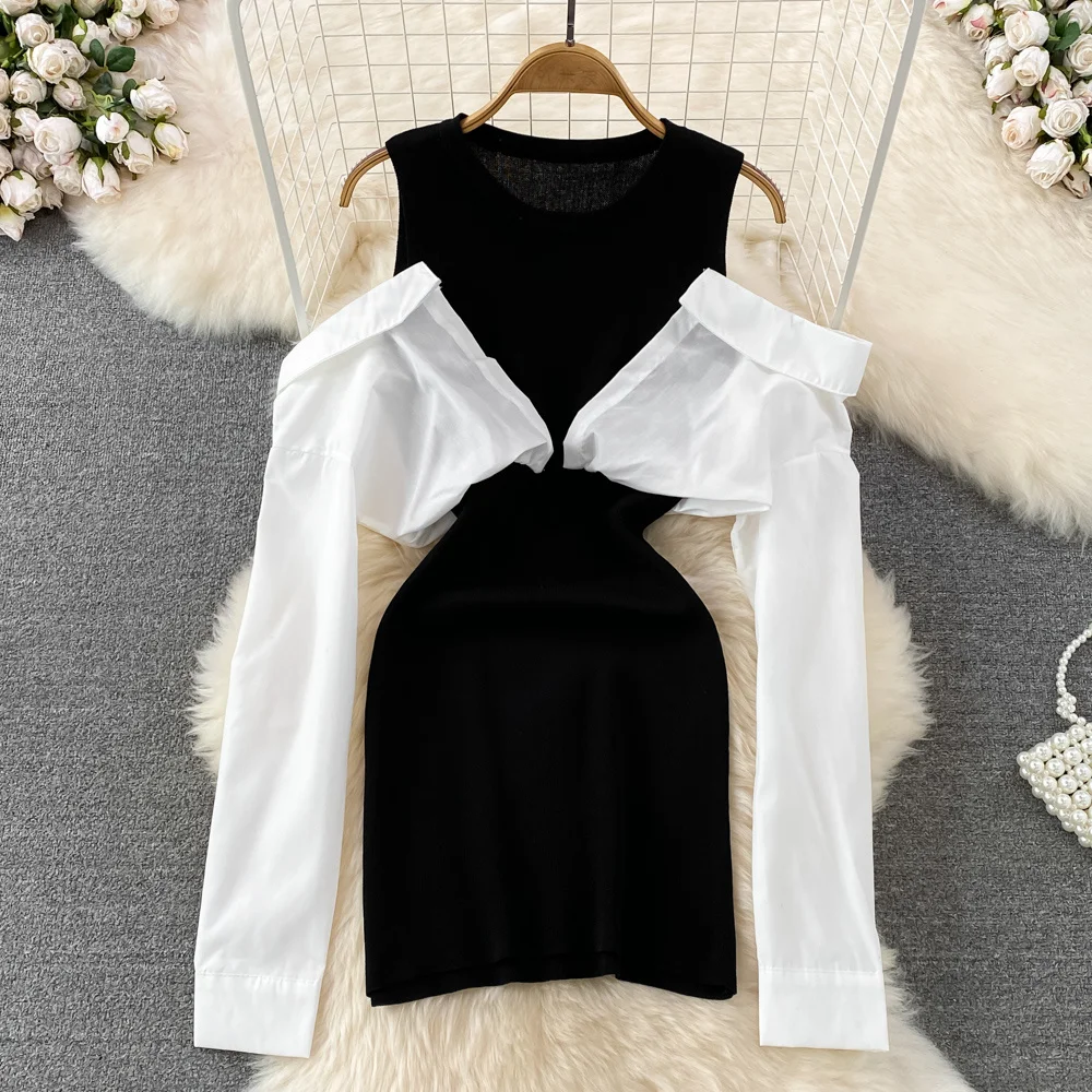 Off Shoulder Shirt Patchwork Bodycon Mini Dress Women Fashion Streetwear O-neck Long Sleeve Slim Drawstring Ruched Party Dresses