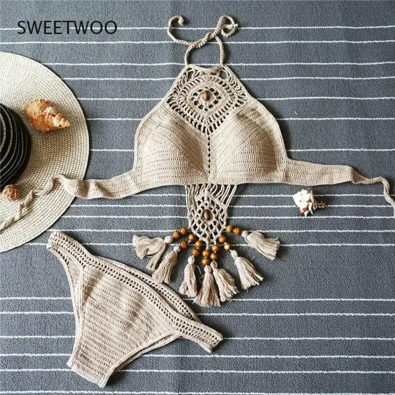 Bikini 2024 Knitting Swimsuit Crochet Bohemia Style Off Shoulder High Neck Bathing Beach Handmade Crochet