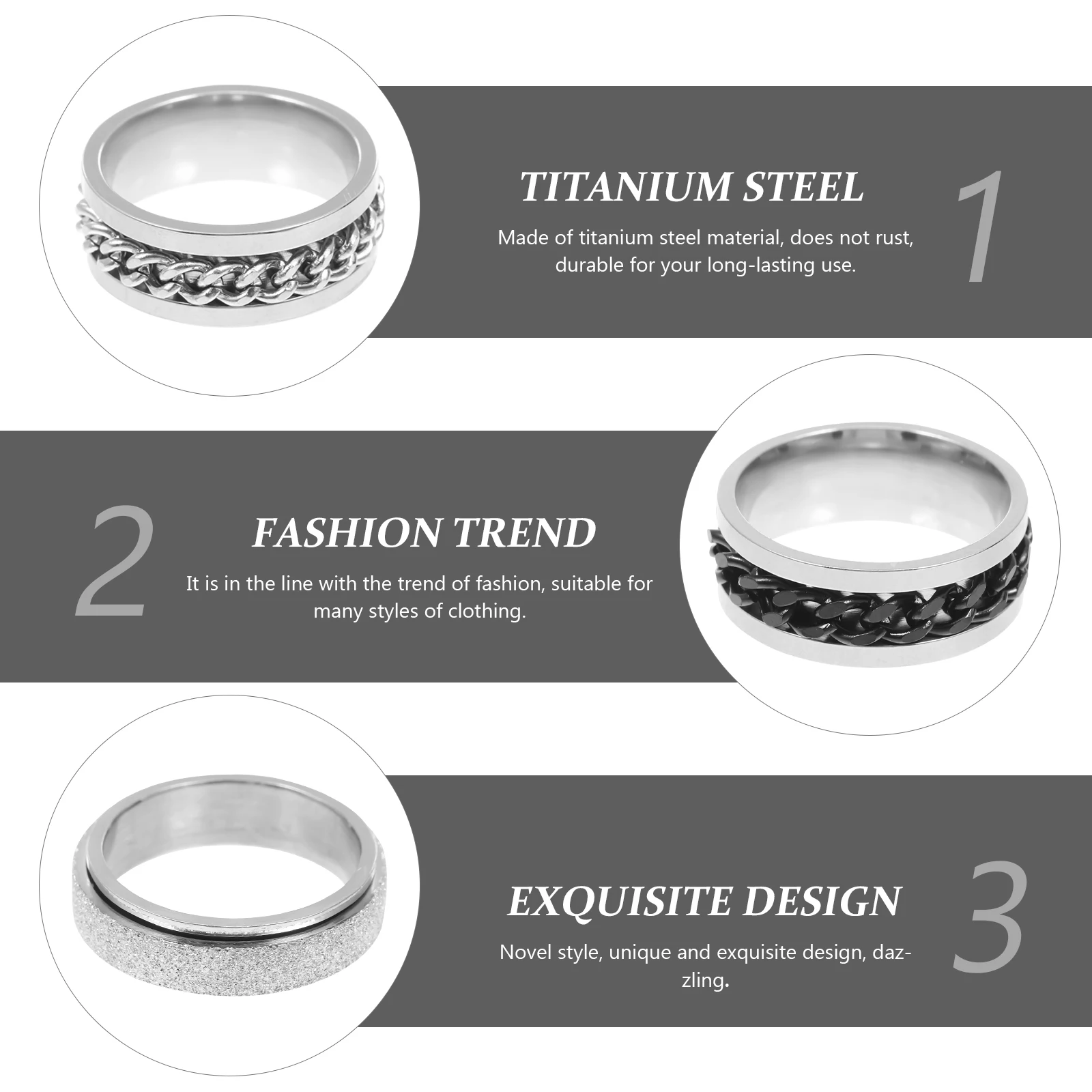

7pcs Rotatable Fidget Ring Punk Style Finger Ring Smooth Titanium Steel Jewelry Fashion Accessory