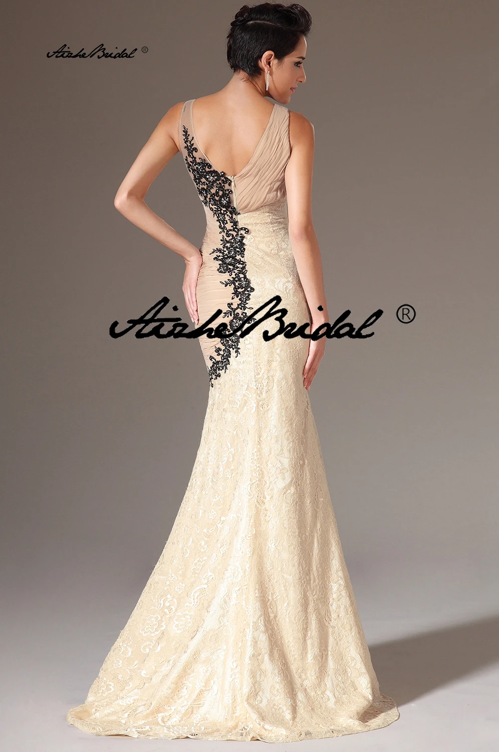 طول الأرض سويب تراين رداء De Soirée رقبة على شكل V من الدانتيل الشمبانيا حورية البحر فساتين سهرة مع زينة سوداء فساتين لحضور الحفلات الموسيقية الطويلة