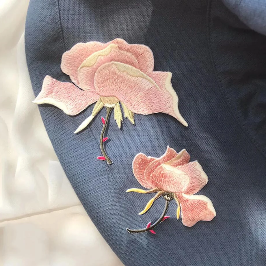 1Pair Pink Yulan Magnolia Embroidery Flower Patch Fabric DIY Cloth Jeans Accessories Sewing Repair