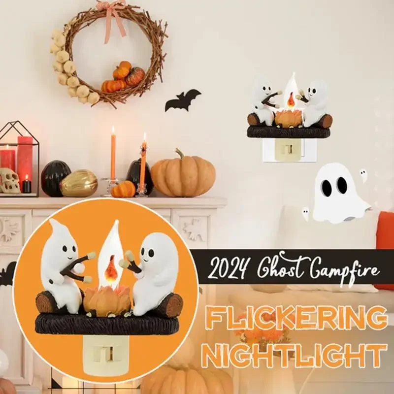 Ghost Campfire Flickering Night Light,Halloween Night Lights Plug into Wall,Ghost Pumpkin Night Light Dusk to Dawn  Lamp