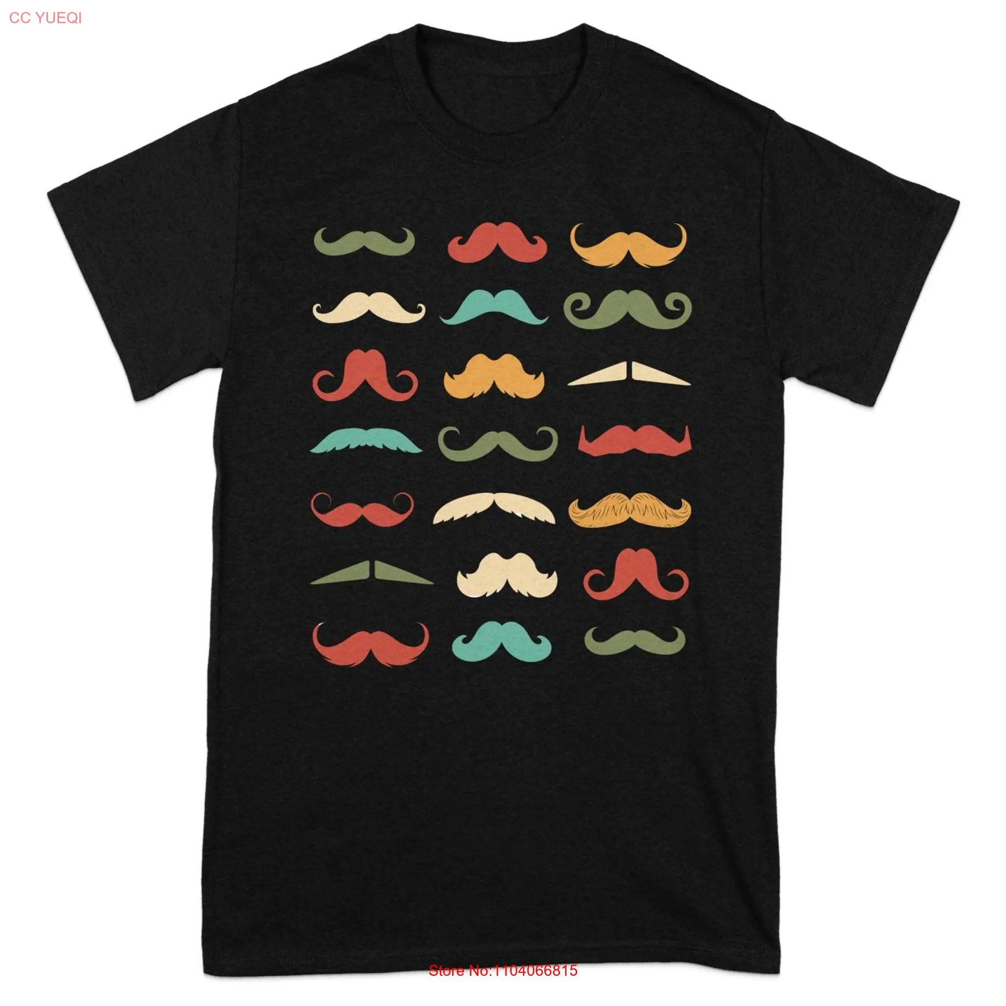 Vintage Mustache Pattern T Shirt Retro Print Fun Design Quirky Facial Hair Mustached Man long or short sleeves