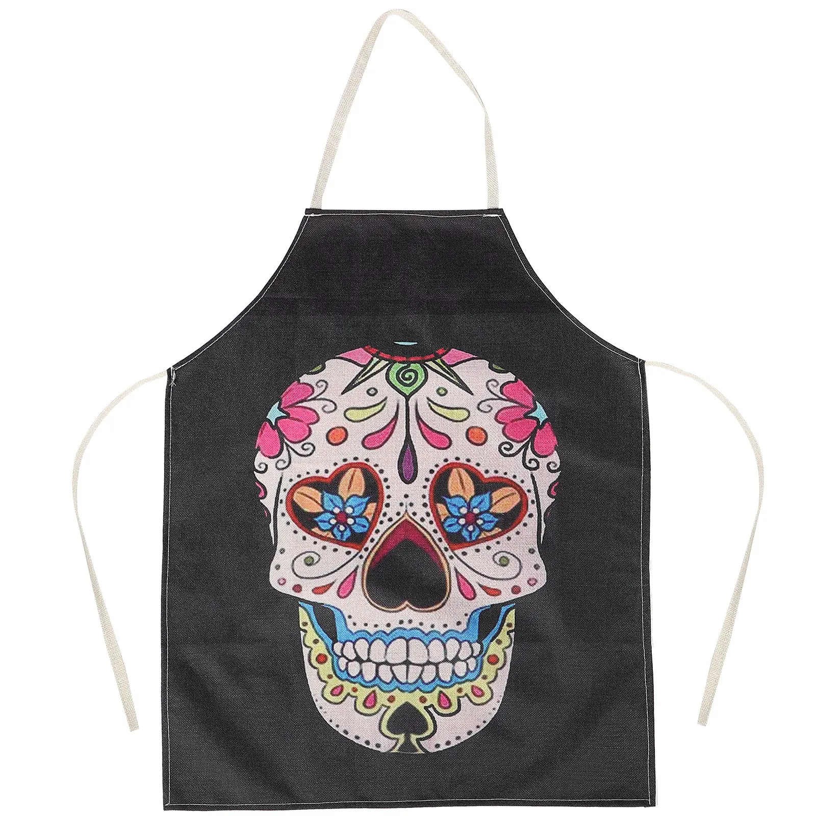 

Skull Apron Cotton Linen Washable Oil Stain Prevention Halloween Kitchen Props Clear Pattern Adjustable Tie Cooking