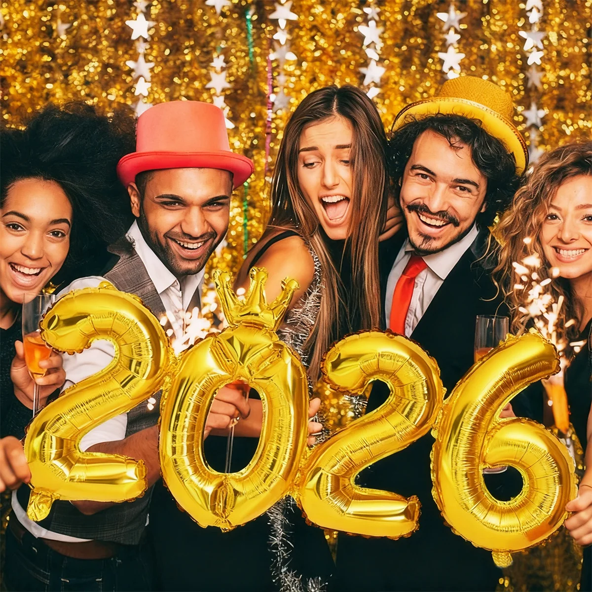 مجموعة واحدة من بالونات الذهبي المتصلة بأرقام 2026، مناسبة لترتيب ديكورات مشهد العام الجديد، زينة السنة الجديدة 2026 #3