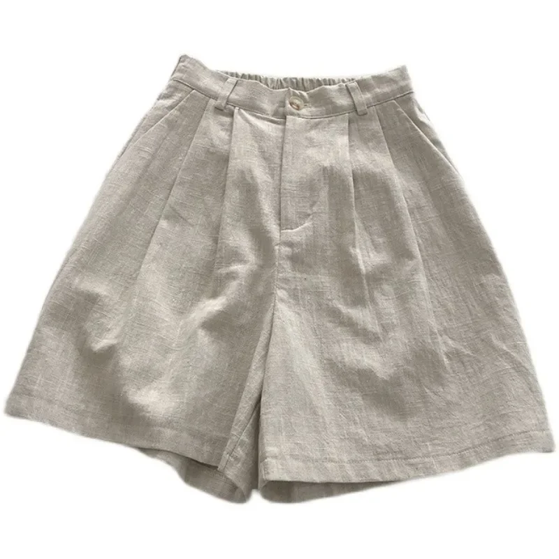 Cotton Linen Shorts Women Streatwear High Waist Wide Leg Shorts Suit Casual 2025 Summer Sport Pleated Female Loose Button Pants