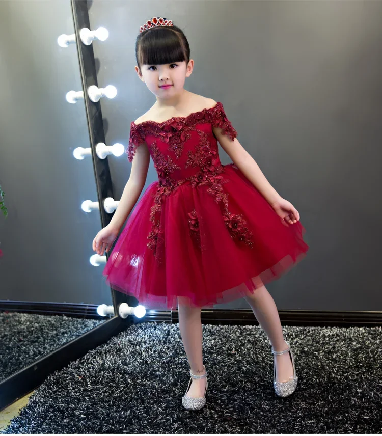 Vestidos de flores sin hombros para niñas, vestido Formal de fiesta de cumpleaños, vestido de Baile de Princesa de encaje rojo, apliques de boda, nuevo