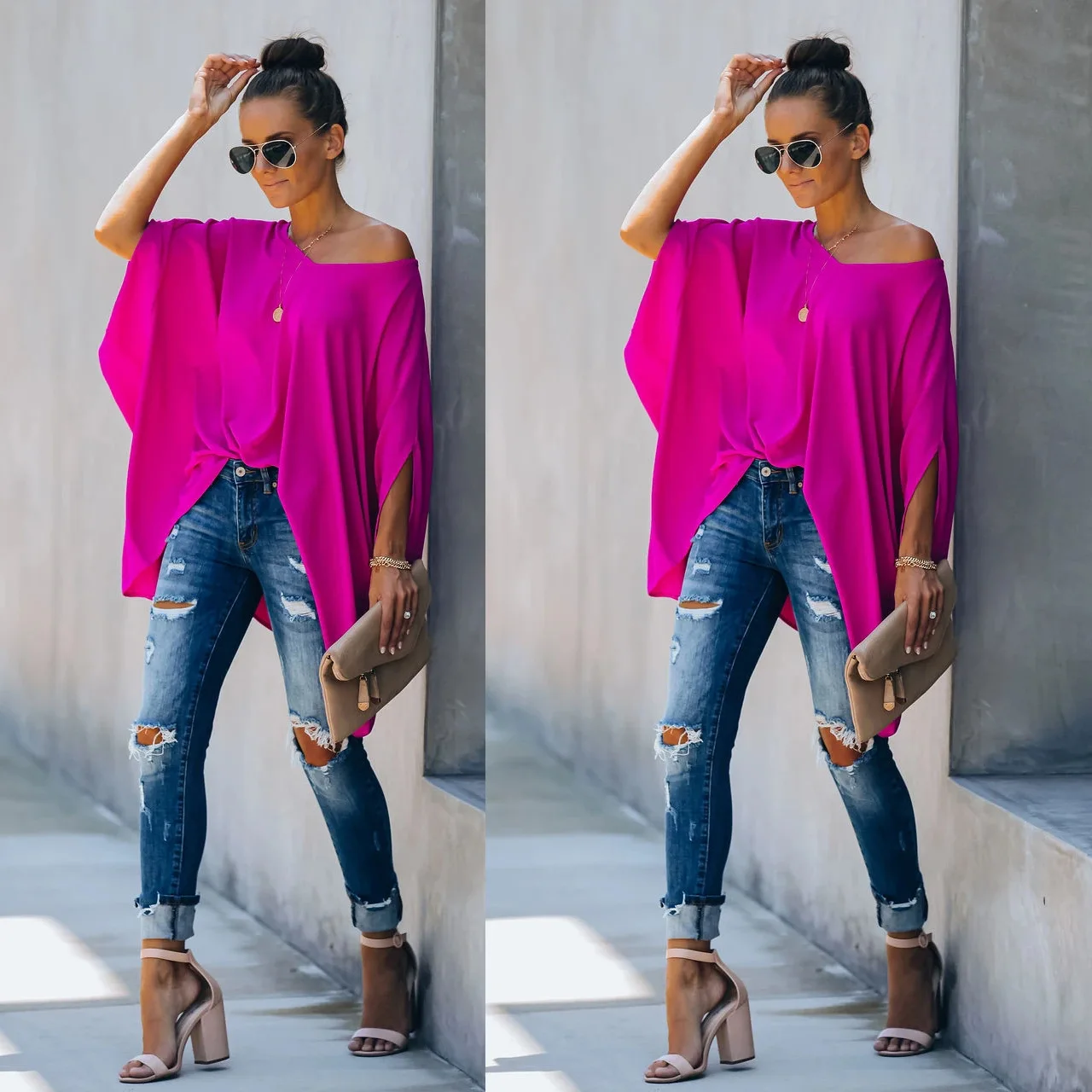 2021 New Home T-shirt con maniche a pipistrello INS Top multicolore con scollo a V stile vacanza allentato