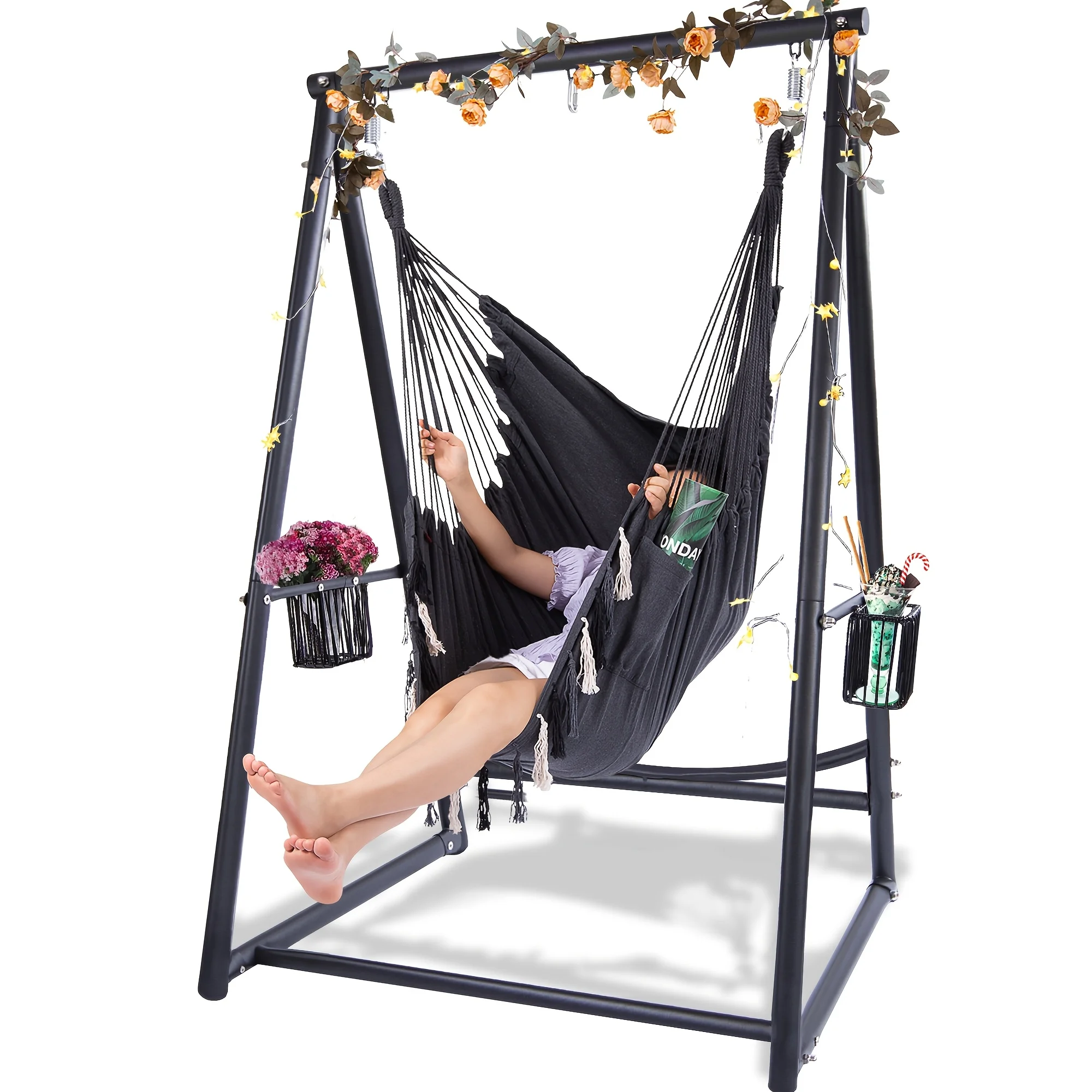 

Heavy Duty Iron Outdoor Hammock Chair & Swing Set with Two Stand Holders - Sturdy A-Frame Design, Three-Hook Hanging System