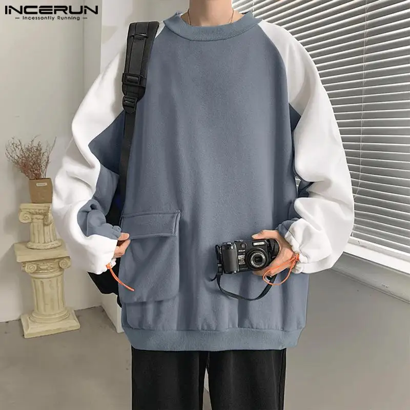 2024 INCERUN Men Korean Style Hoodies Casual Fashion Well Fitting Tops Streetwear Male Long Sleeved Pullovers Color contrast Top