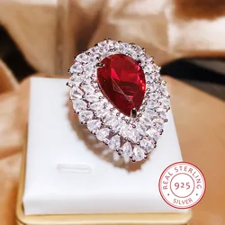 925 Silver Elegant Pigeon Blood Temperament Red Diamond Water Drop Full Diamond Zircon Ring Female Party Wedding Birthday Gift