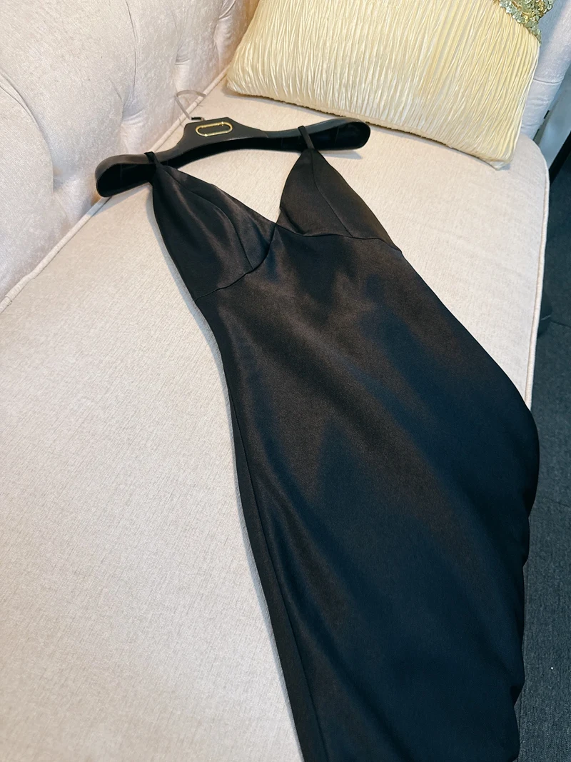 Sukienka retro Ele Bla satynowa, seksowna z dekoltem w serek, na ramiączkach, balowa, dla kobiet, z wysokim stanem, jedwabista, gładka, letnia suknia wieczorowa.