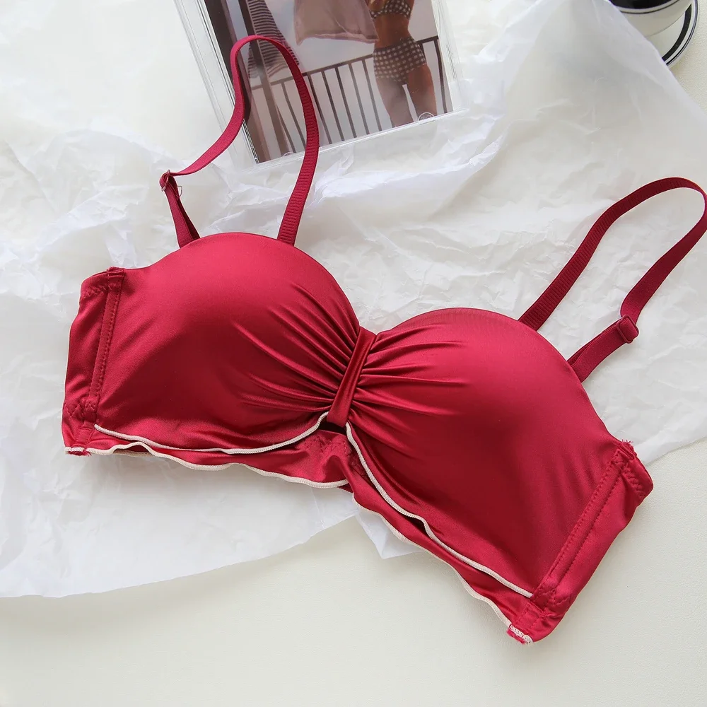 Smooth satin ruffled small rolled edge underwear girls gathered on the support half cup lingerie non-marking thick cup bra set