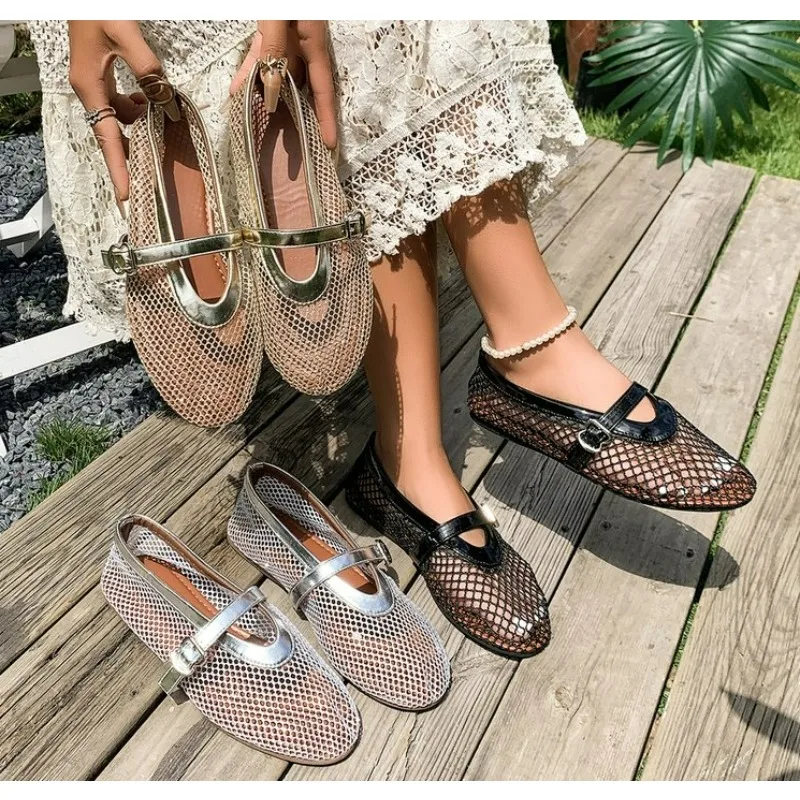 Sommer Designer Bequeme Mesh-Absatzschuhe Damen Flache Schuhe Mode Runde Zehenkappe Schnallenverschluss Lässige Outdoor-Kleidersandalen Schwarz Gold