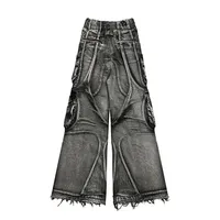 Heavy Washed Splicing Multi Pocket Loose Jeans Men Y2K American Fashion Streetwear Retro Rock Roll Popular High-waisted Trousers