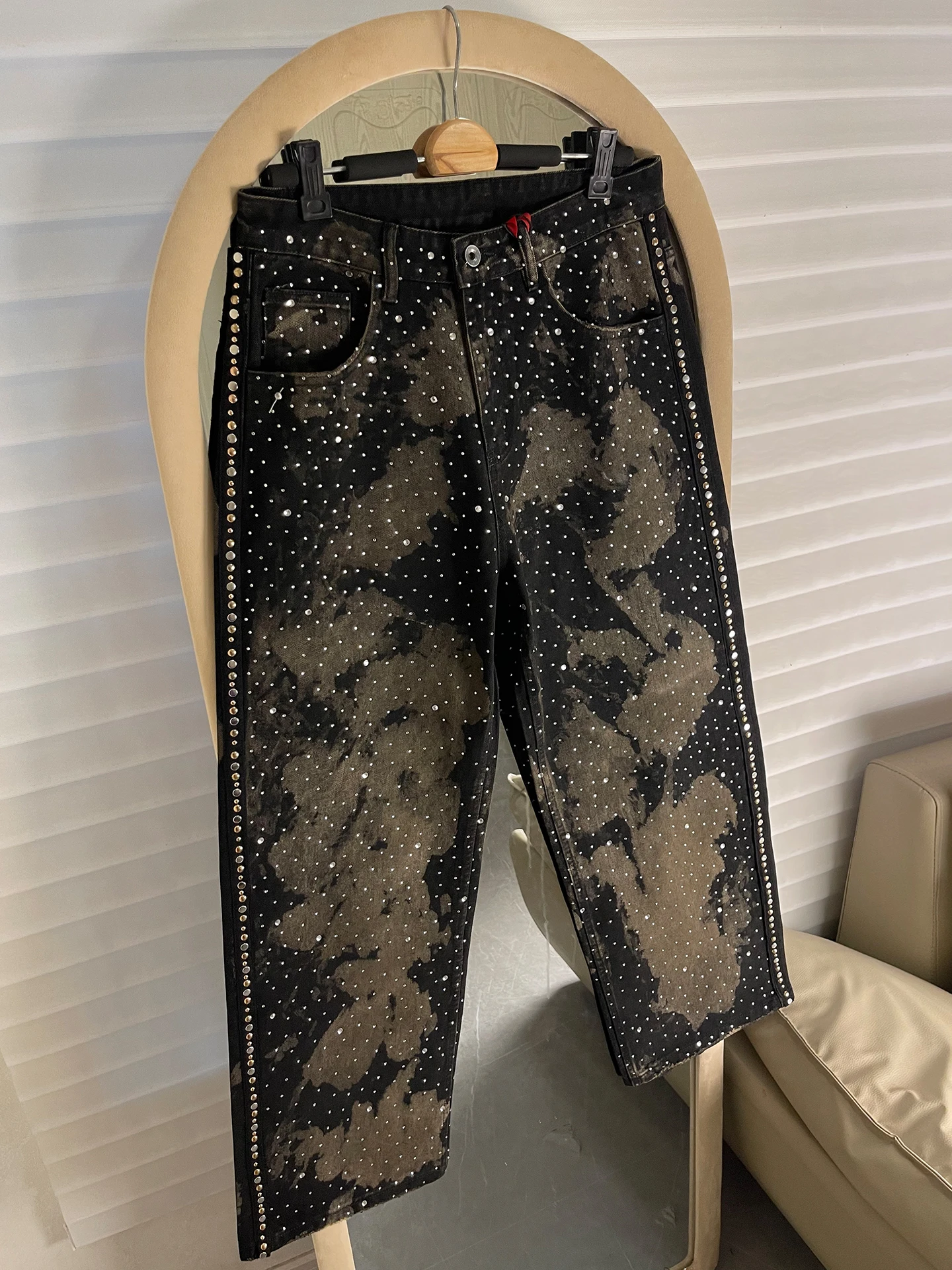 

Джинсы Parisian Sle Heavy Du с заклепками и стразами, свободные, прямого кроя, широкие штанины, в американском ретро-стиле, модный бренд