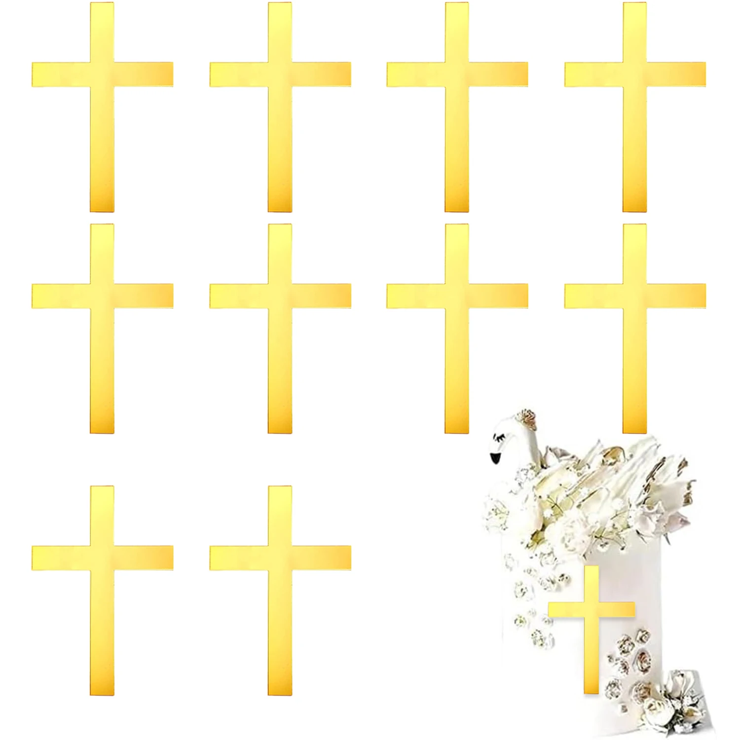 10 Pieces Set Gold Cross Cupcake Toppers Baptism First Holy Communion Cake Topper for Birthady Baby Shower Party Decorations