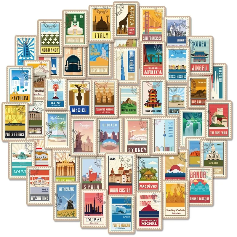 10/25/50pcs Vintage World Travel Landmark Stickers Post Stamp Style Vinyl Decals for Luggage Scrapbook Laptop Journaling Planner