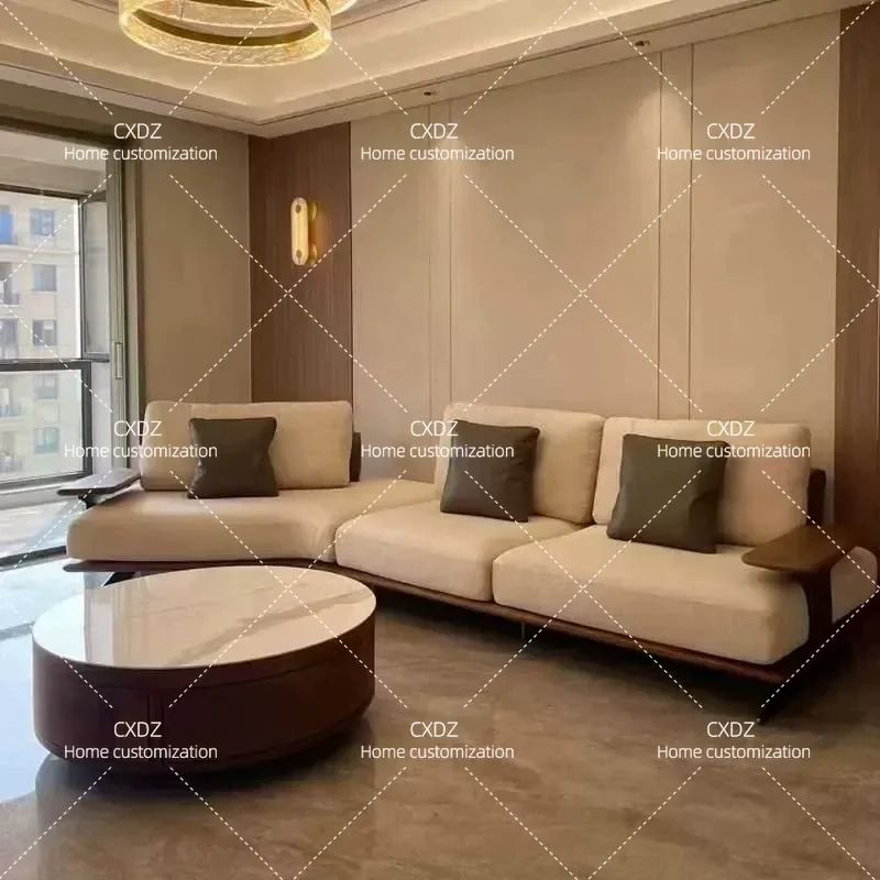 New Chinese Style North American Black Walnut Solid Wood Fabric Straight Row Sofa Large Villa High End Song Aesthetic
