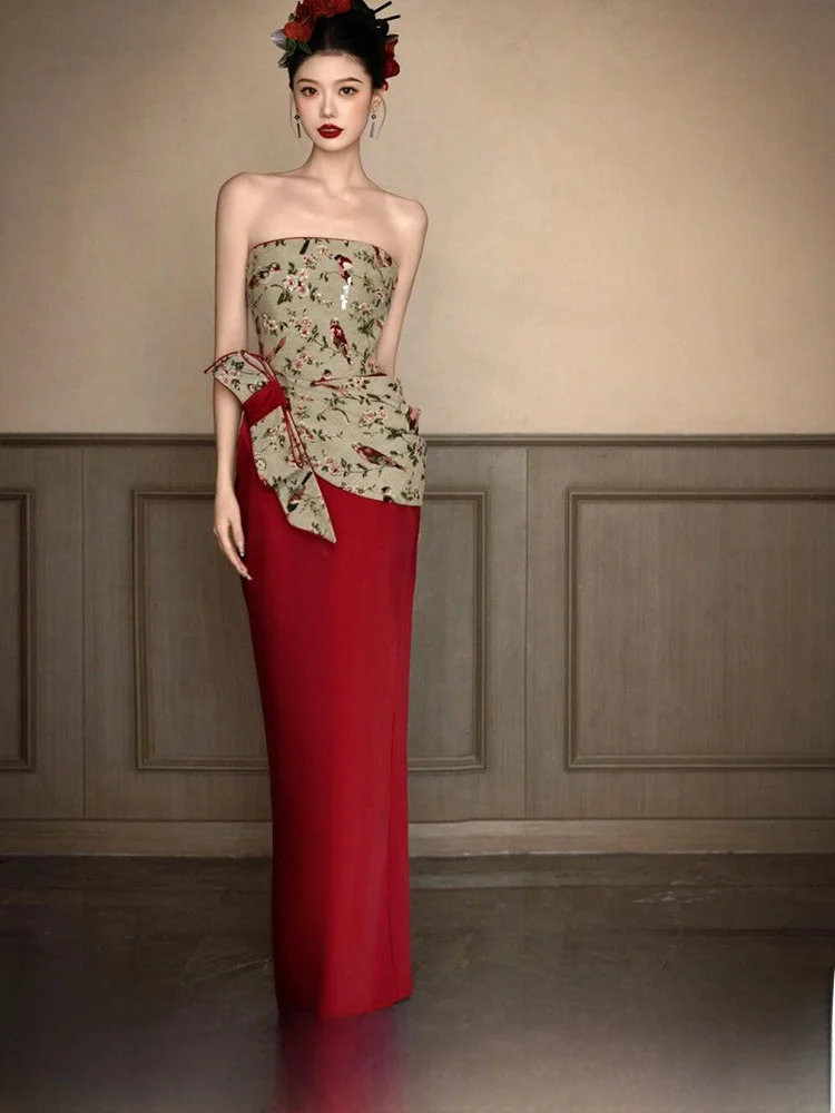 

Ele Long Wedding Dr Morning oot Engagement Par New Chinese Sle High-End Dr with Strapl Design for Women