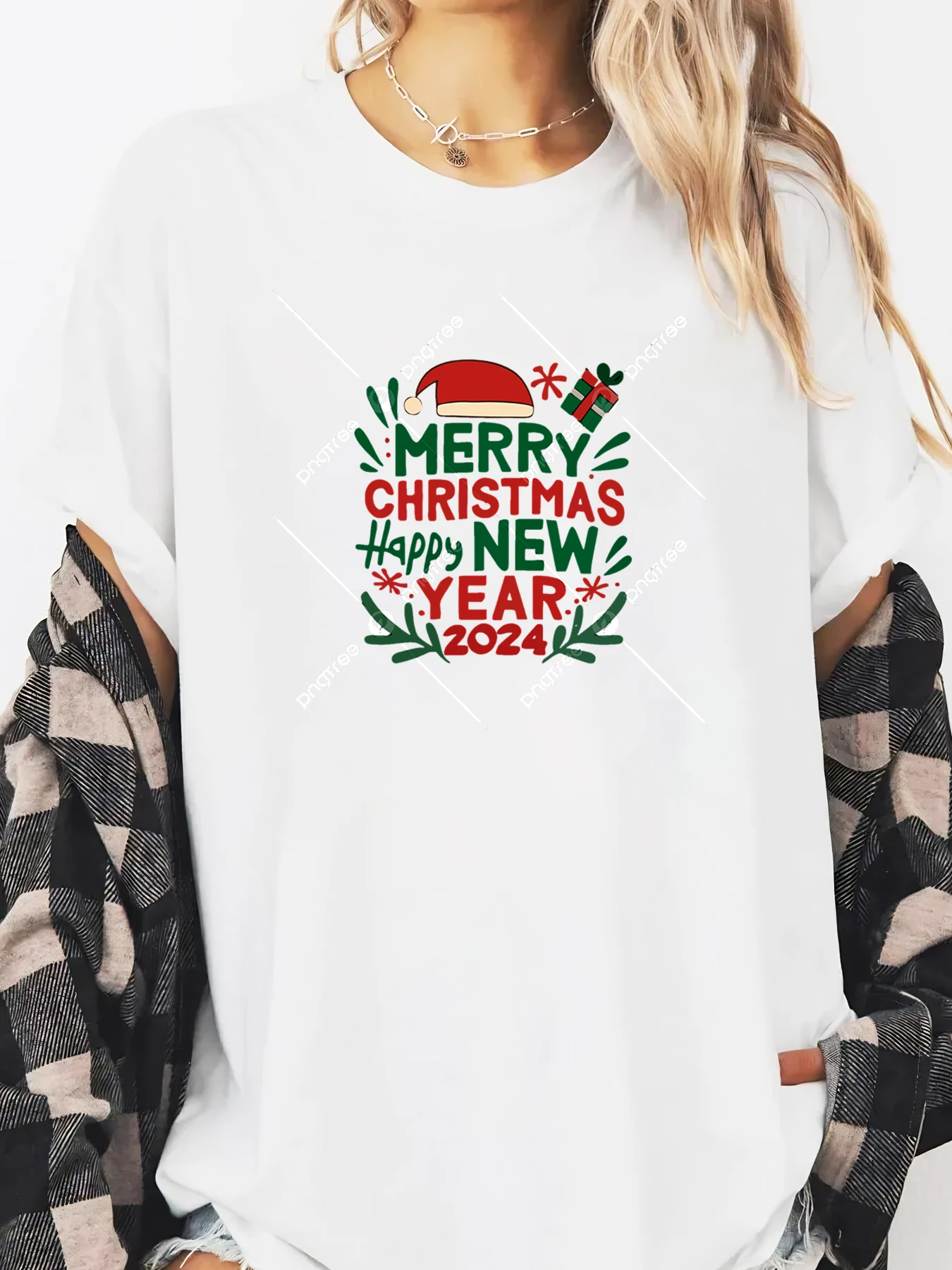 Buon Natale Felice Anno Nuovo 2024 Stampa Vacanze di Natale T-shirt a maniche lunghe Donna Casual Party Wear Bianco Taglie forti