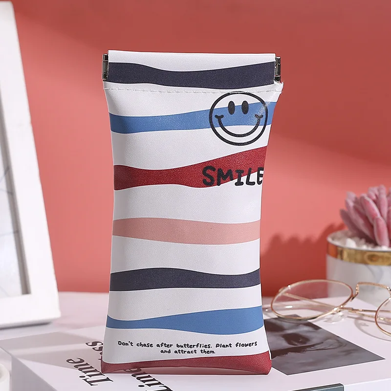 Cartoon Print Squeeze Top Sunglass Pouch - Portable Sunglass Organizer Pouch Bags Soft PU Leather Glasses Bags