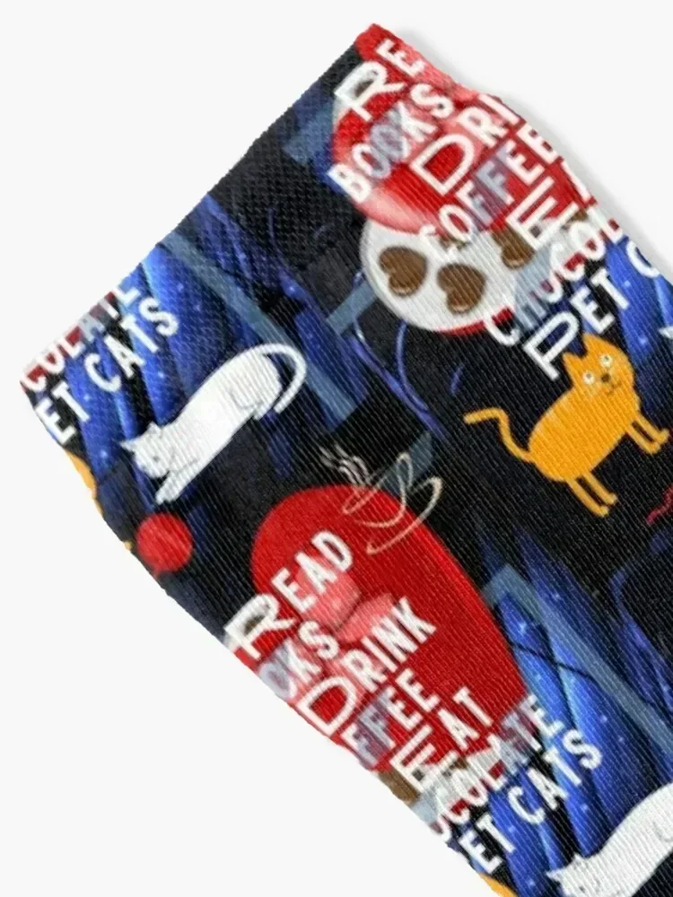 اقرأ الكتب، شرب القهوة، أكل الشوكولاتة، الحيوانات الأليفة القطط المجهزة تي شيرت الجوارب التنس هدايا مضحكة الطابق الجوارب للفتيات الرجال #2