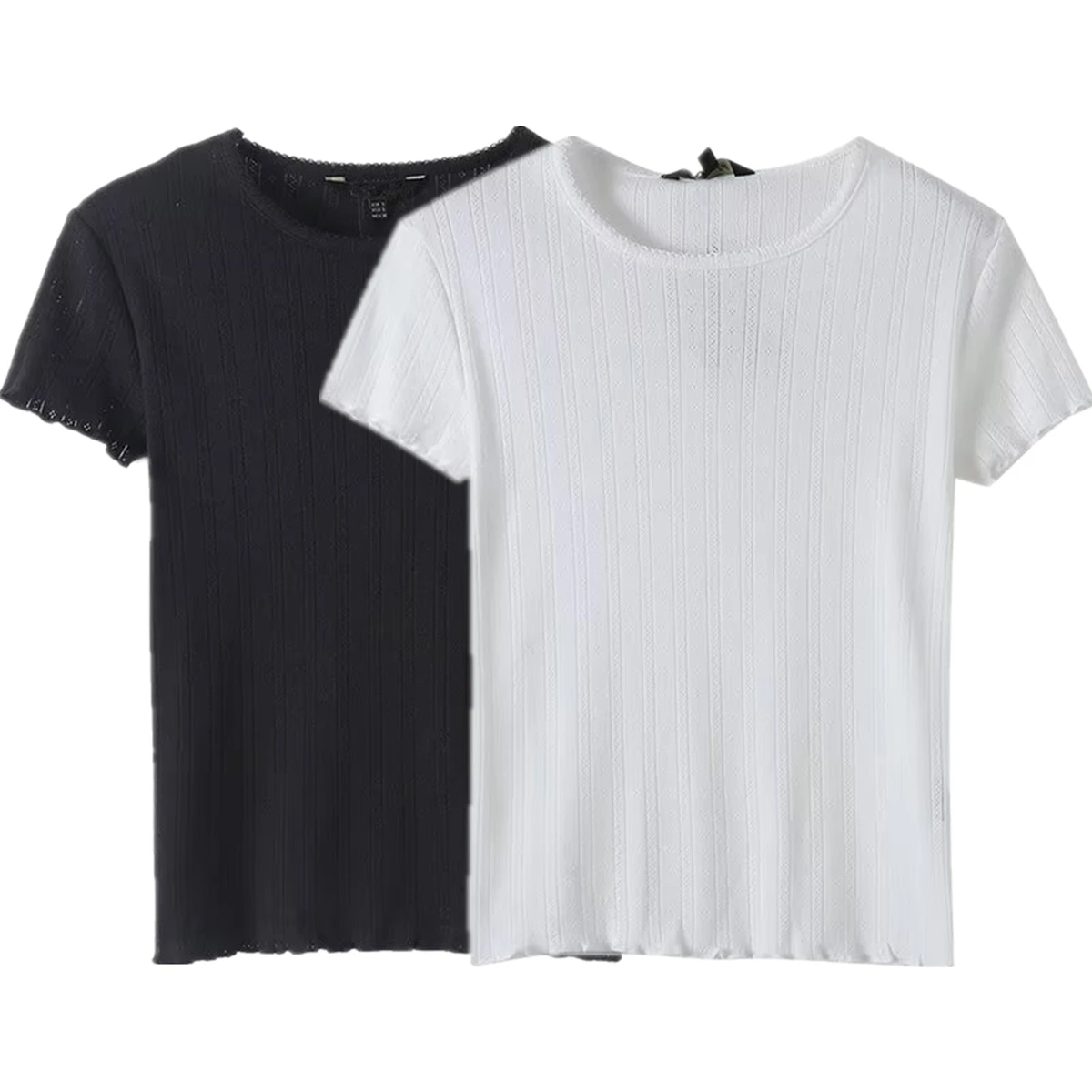 

Dave&Di Nordic Minimalist Lace Embroidery Cotton T-shirt Summer Round Neck Slim Fit Basic Short-sleeved T-shirt For Women