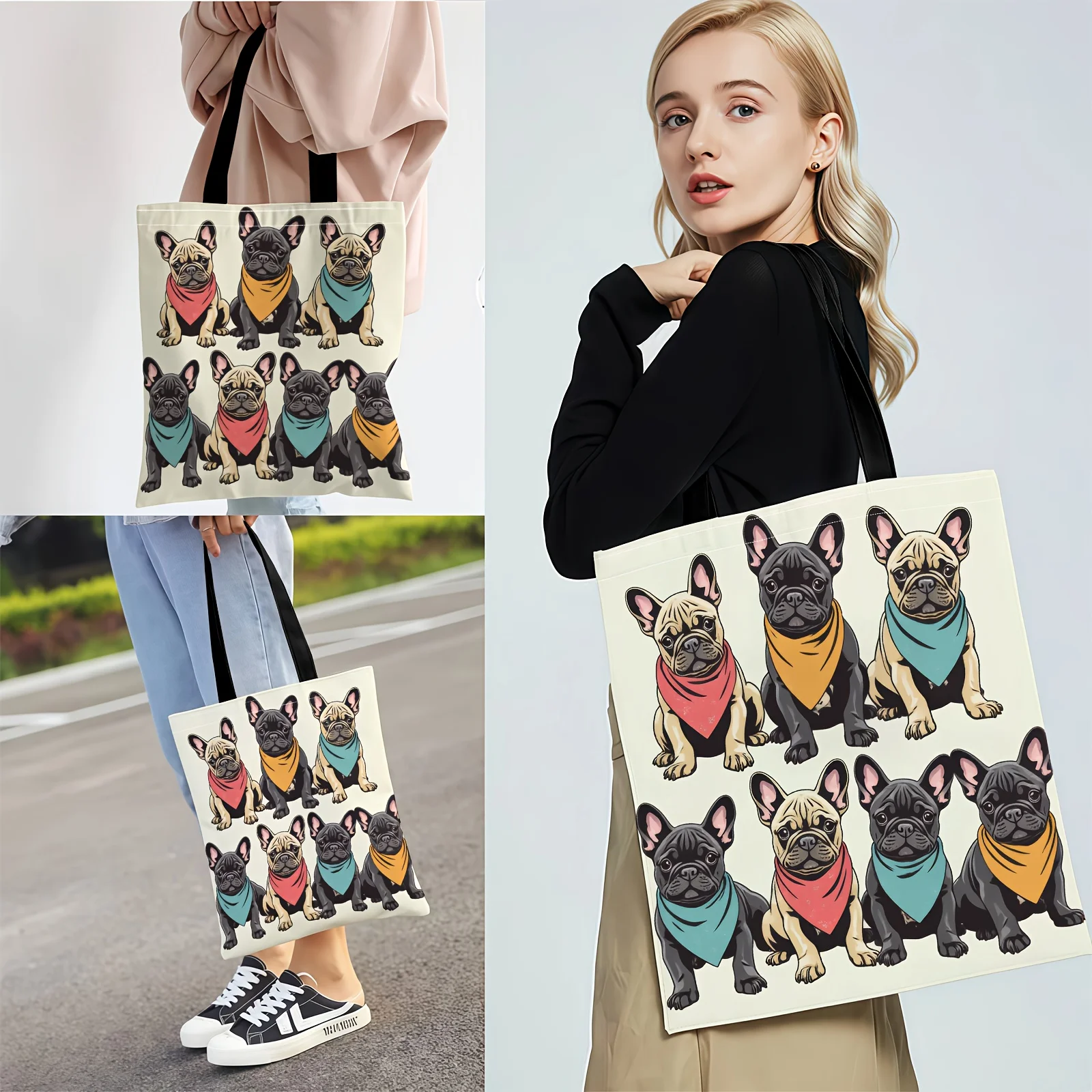 Tragetasche mit französischer Bulldogge, geeignet für Hundeliebhaber, mit Bulldoggen-Print und festem Schultergurt, lässige Handtasche für den täglichen Gebrauch