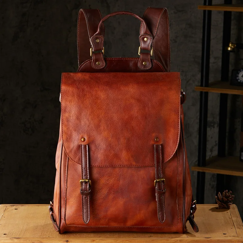 

Мужской рюкзак из натуральной кожи в стиле ретро, рюкзак из воловьей кожи растительного дубления, модная сумка для компьютера для 16-дюймового ноутбука