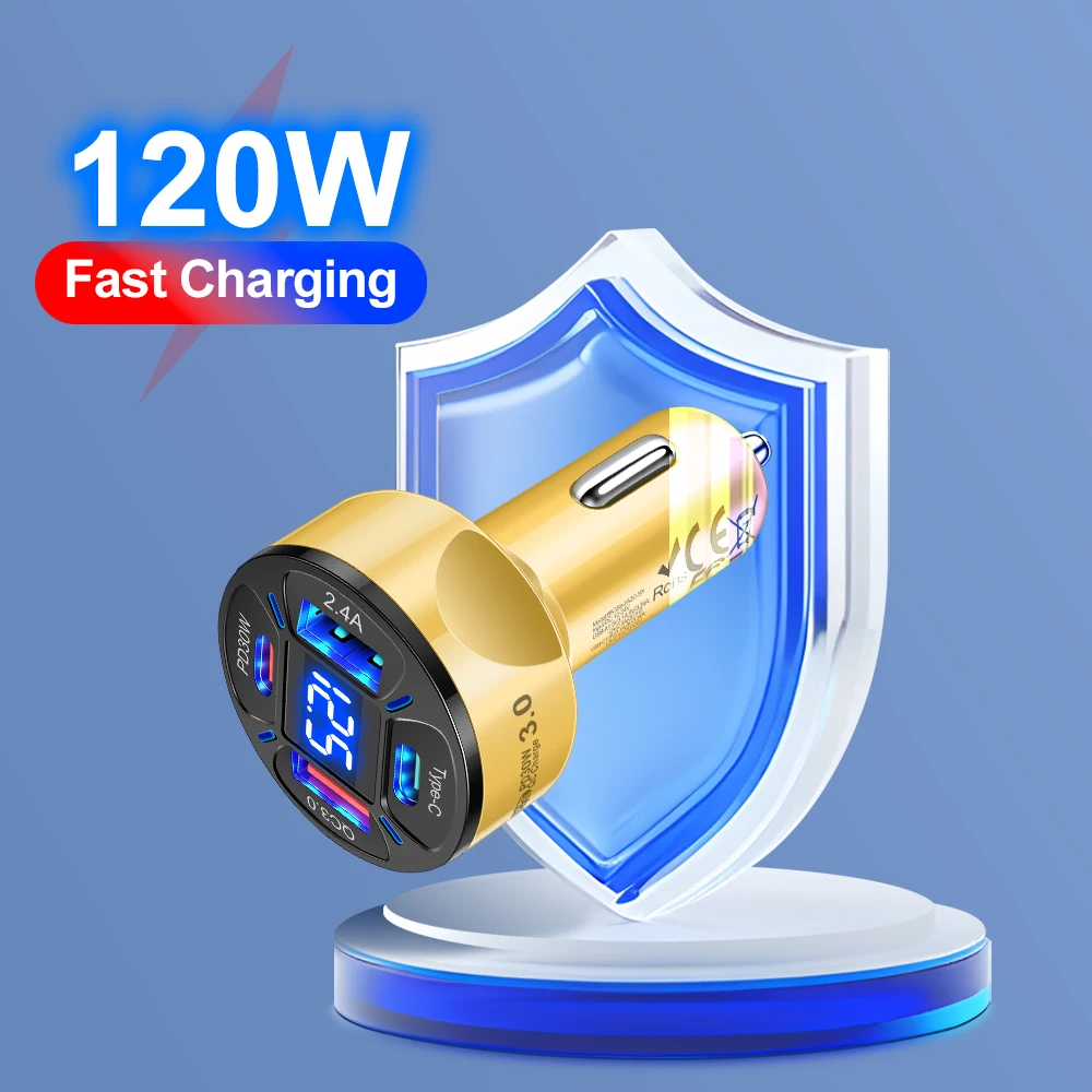 120W USB Car Charger Type C 4 in 1 Dual PD Super Fast Charge Adapter with Voltage Display for iPhone Samsung Huawei OPPO