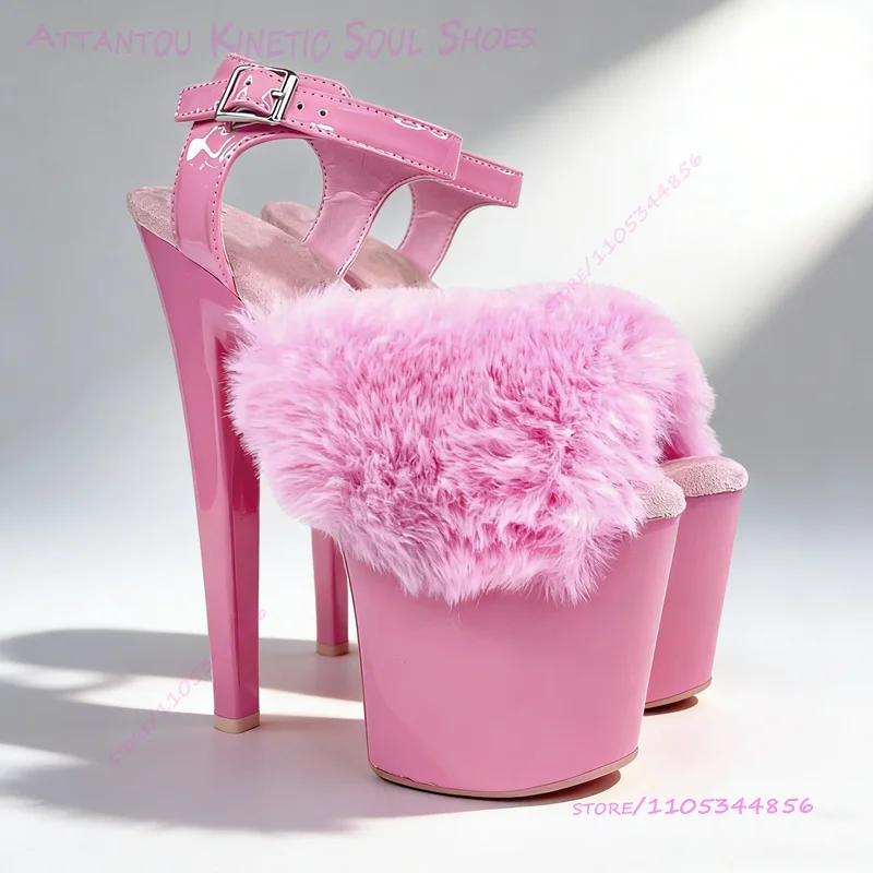 

Pink Pom Plush Sandals Girls 20cm 8 Inch Platform Chunky Heel Cute Sugarbaby Pole Dancing Black Buckle Peep Toe Open Sexy Shoes