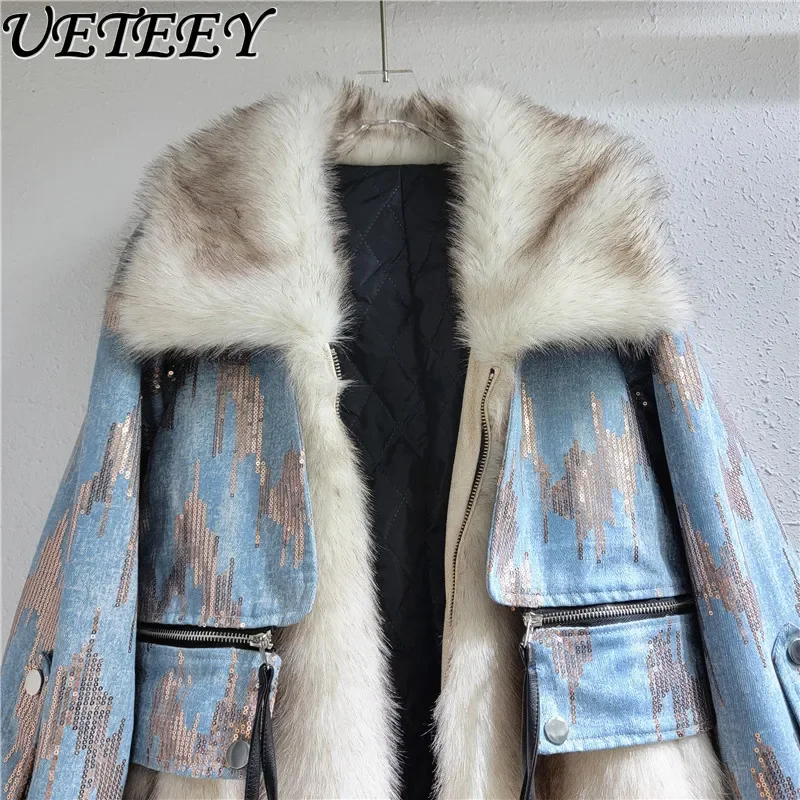 Personality Affordable Luxury Lapel Design Faux Fur Coat Winter Furry Stitching Sequins Denim Loose Slimming Puffer Jacket