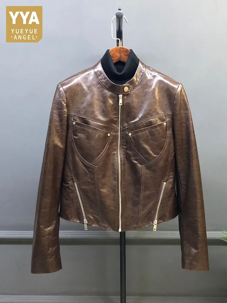 

Designer Women Genuine Leather Jacket Slim Long Sleeve Vintage Stand Collar Punk Vintage Oil Wax Sheepskin Motorcycle Short Coat