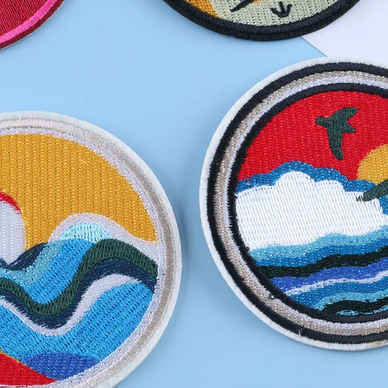 Landscape Embroidered Patches For Clothing Applique Camp Iron on Patches DIY Forest Applique Clothes Traveler Stickers Stripes