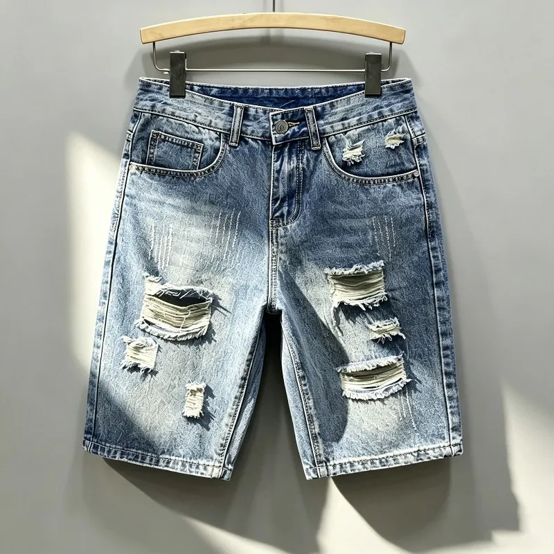 Pantalones Cortos de Mezclilla Desgastados Estilo Coreano para Hombre, Lavado Claro, Rotos, Destruyidos, Casuales, Estilo Urbano, Bermuda con Orificios Deshilachados