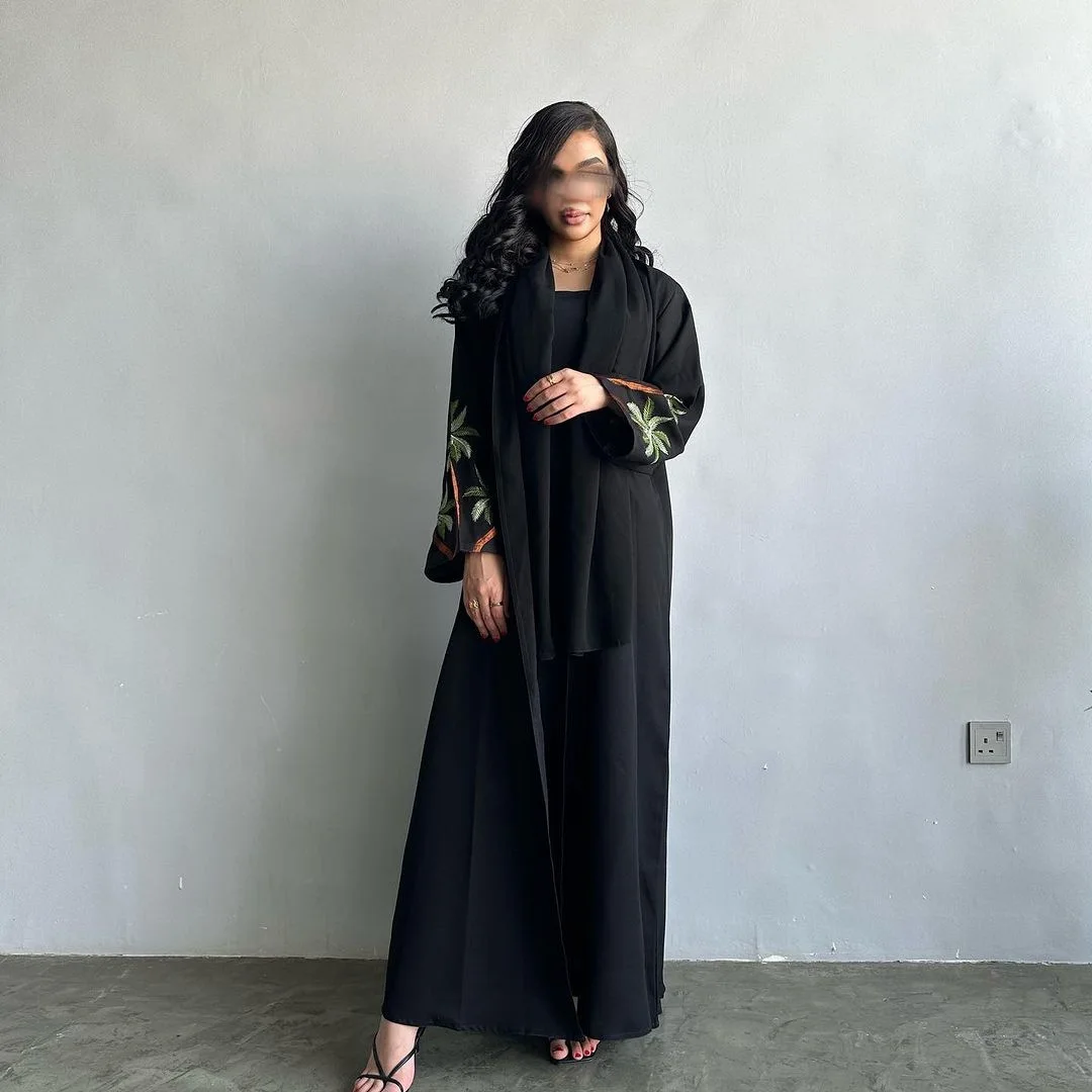 Fashion Chiffon Abaya Kimono Dubai long sleeve plus size embroidery black open abaya women Muslim Dress dubai luxury abaya MQ086