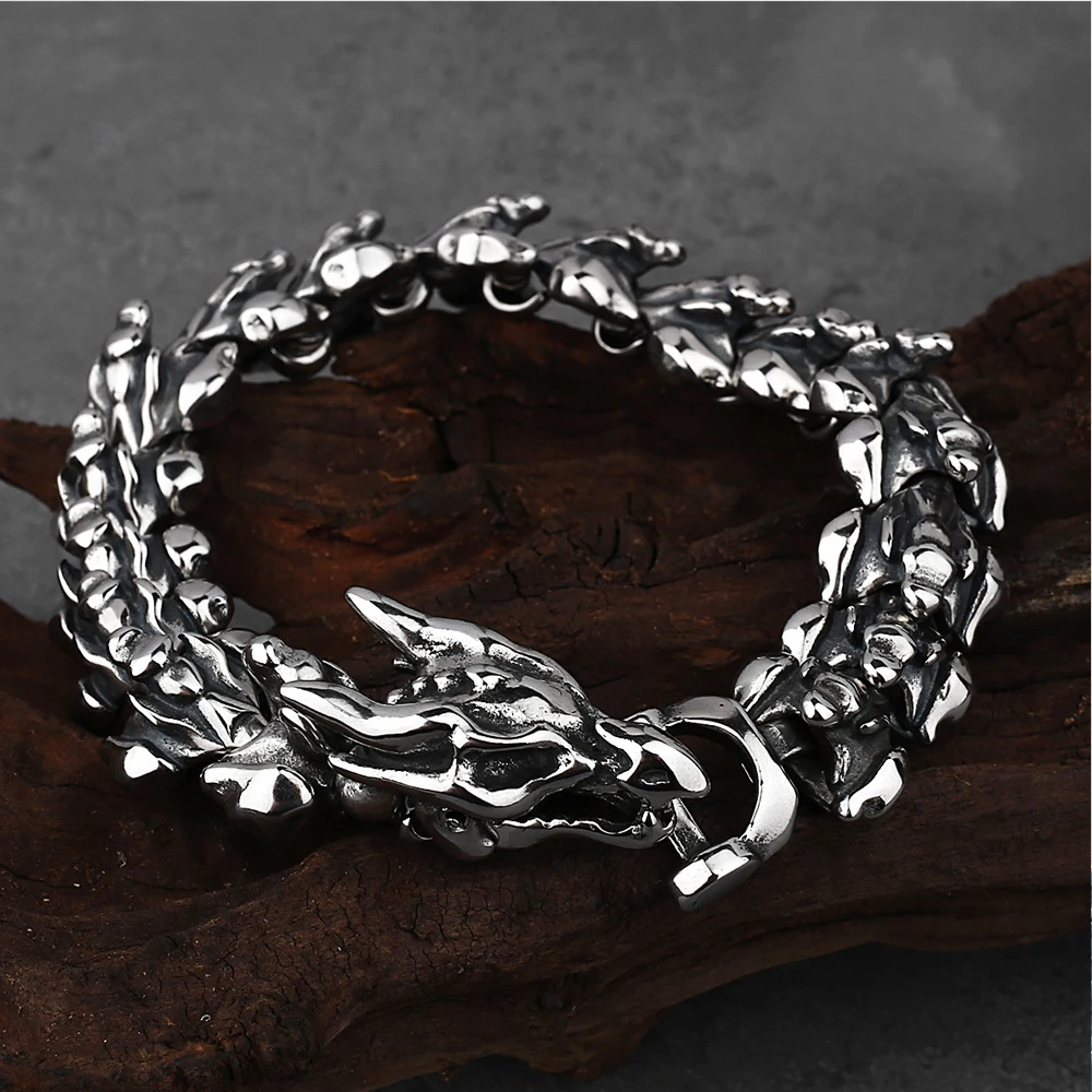 Pulseira viking vintage para homens, aço inoxidável, pulseira dragão nórdico, amuleto de Odin, motociclista de moda, joias Ouroboros