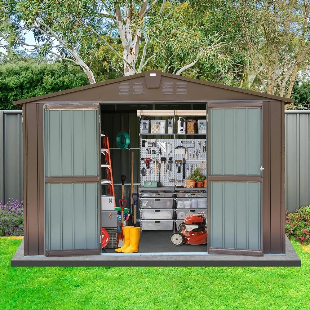 Outdoor 10' x 8' Storage Shed, Metal Steel Utility Tool Shed Storage House with Double Lockable Doors & Air Vents, Brown