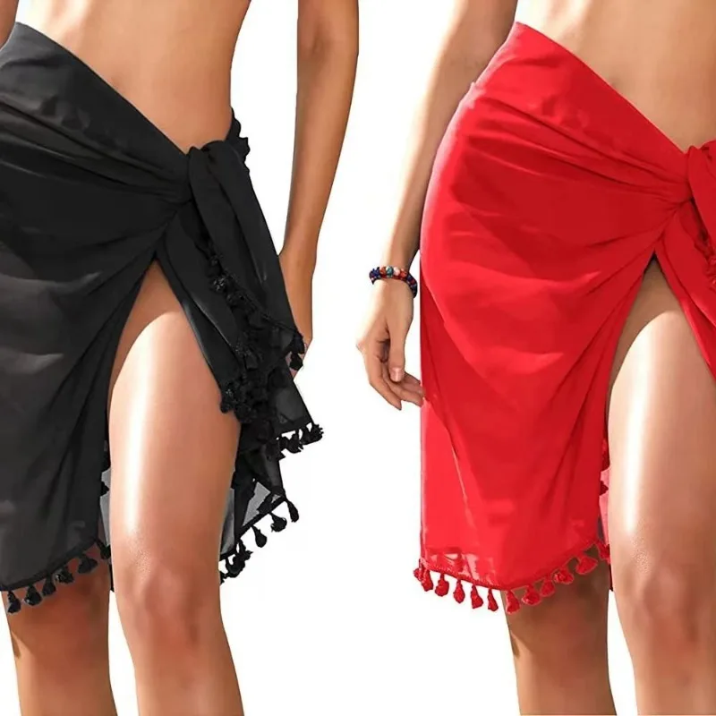

2026 women's summer seaside vacation style fringed beach wrap skirt 66*145cm