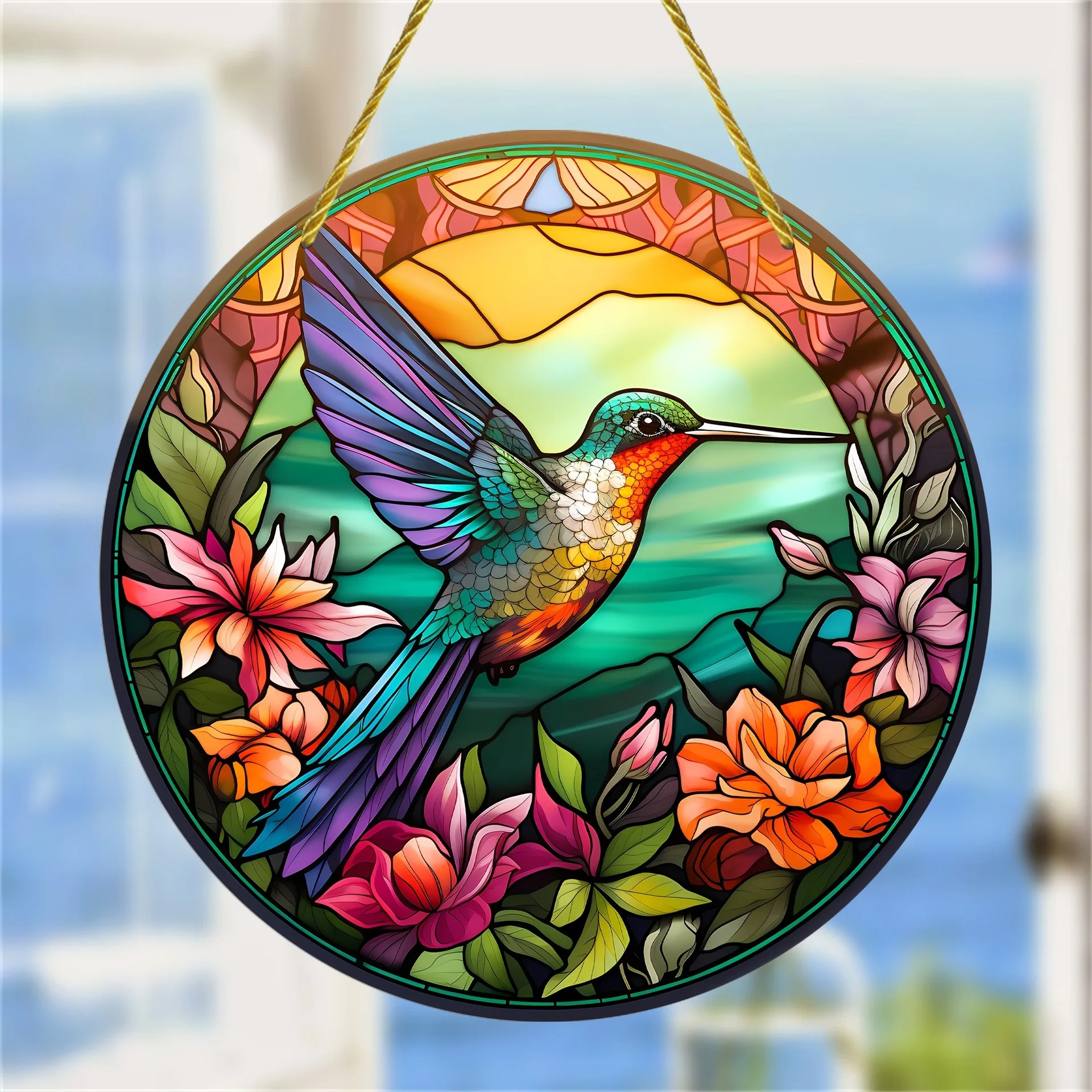 อะคริลิคทาสี Hummingbird จี้นกดอกไม้รูปแบบ Suncatcher รอบพวงหรีด Porch หน้าต่างลานกลางแจ้งแขวนเครื่องประดับ